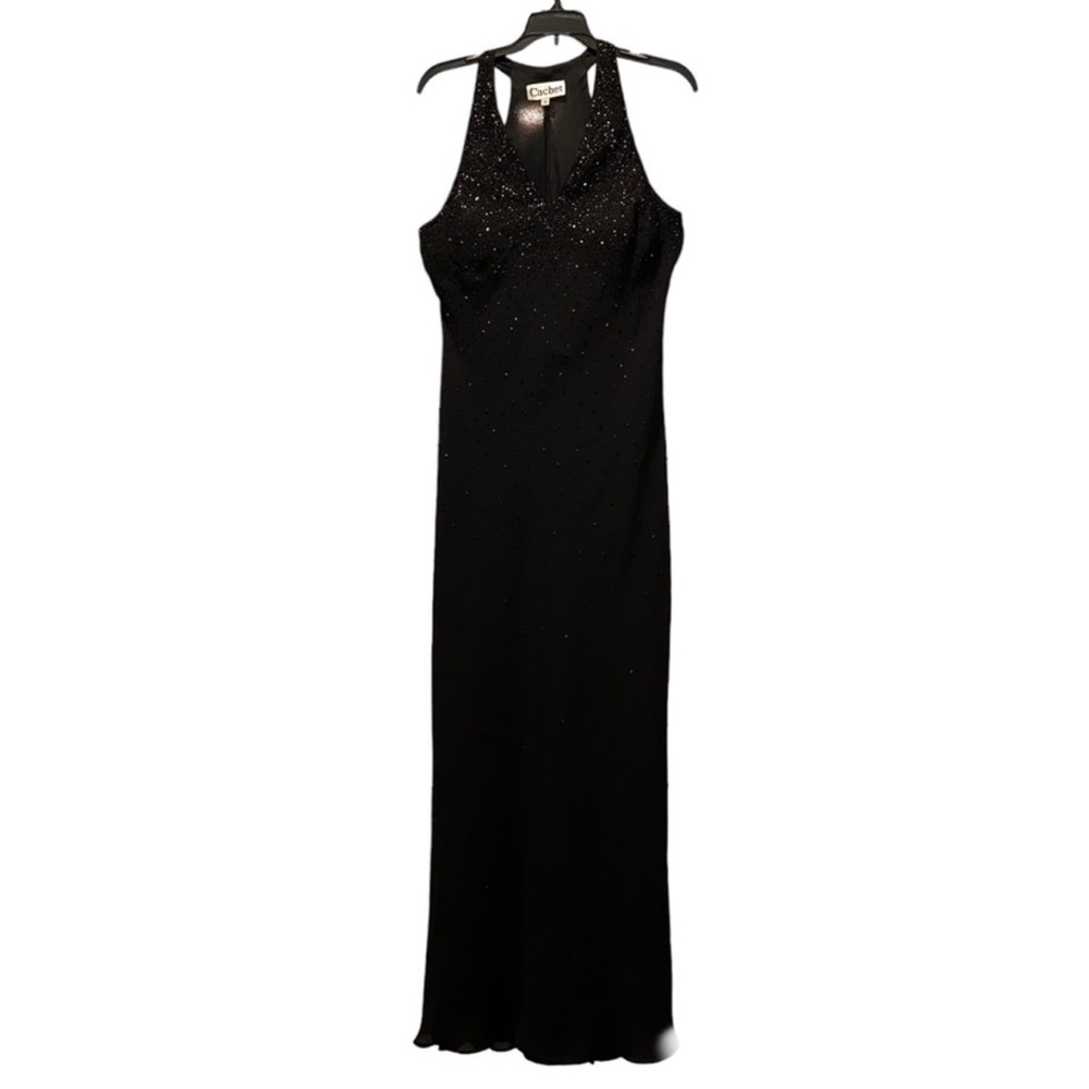 Cachet Black Gown Party Dress with Cascade Waterfall Beading Detail Women’s 10